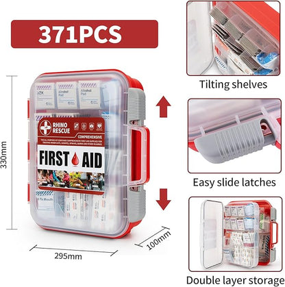 RHINO RESCUE 371 Pieces OSHA All-Purpose First Aid Kit, Home & Office Professional Medical Supplies, Ideal for Emergency, School, Business