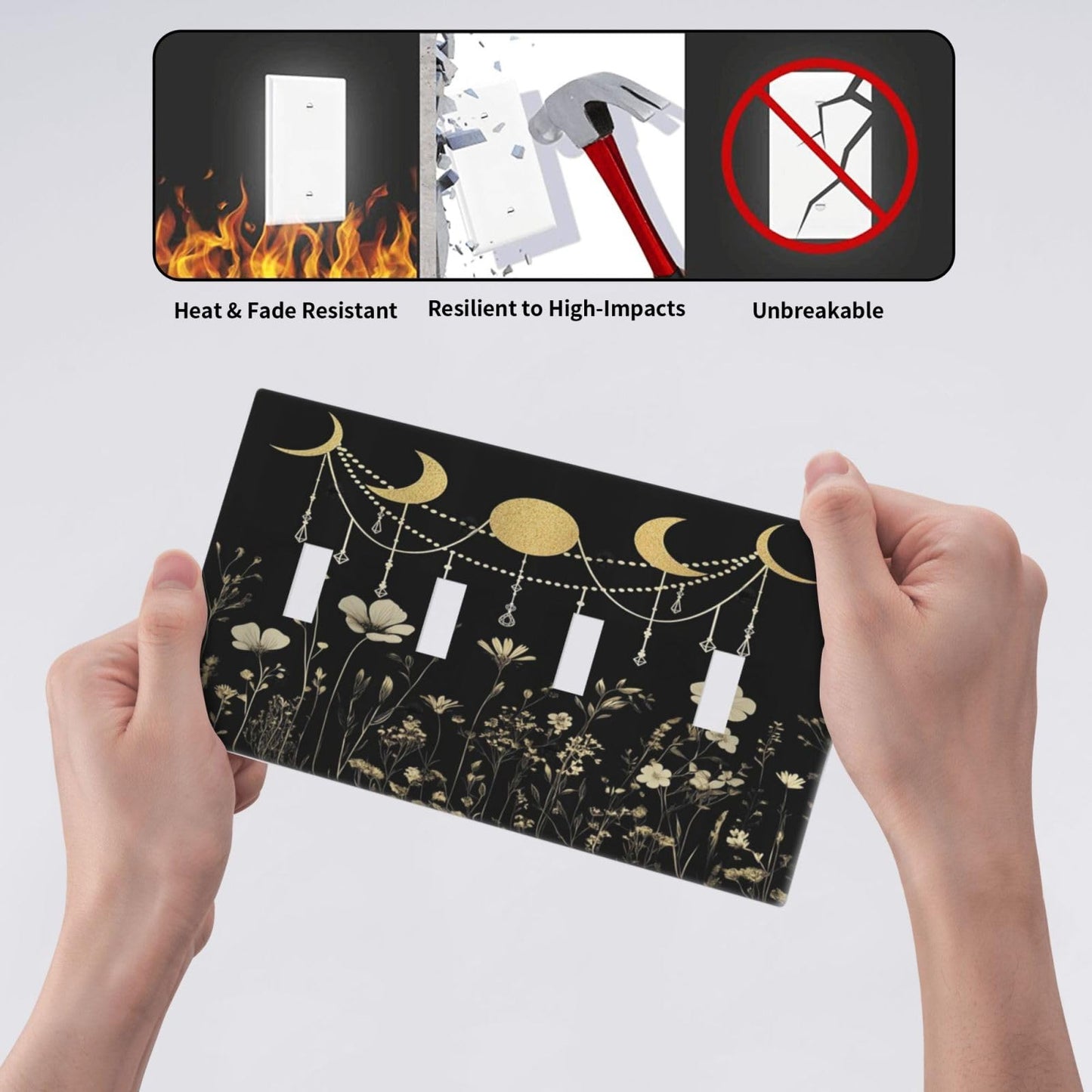 Wildflower Moon Phase Black Gold Dark Floral Rustic Light Switch Covers Quad Toggle Electrical Faceplate 4 Gang Wall Plate Decorative Switch Plates Cover for Bedroom Living Room Decor