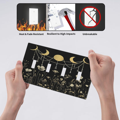 Wildflower Moon Phase Black Gold Dark Floral Rustic Light Switch Covers Quad Toggle Electrical Faceplate 4 Gang Wall Plate Decorative Switch Plates Cover for Bedroom Living Room Decor