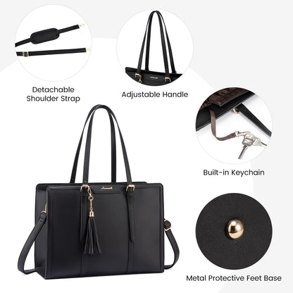 LOVEVOOK Laptop Bag for Women 17.3 Inch Lightweight PU Laptop Tote Bag, Large Capacity Computer bag with Clutch Purse for Business, Work, Office, Travel, School, Casual(Black & Leather)