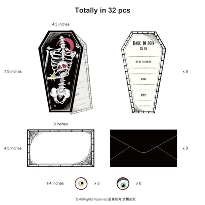 Cheerland Spooky Skeleton Coffin Gothic Summerween Party Invitations Letters With Envelopes and Stickers for Emo Parties Scary Wedding Invitation cards Goth Halloween Party Invites Party Supplies 8Pcs