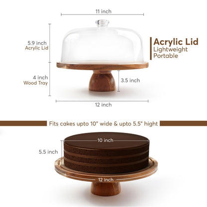 BreezyHome 2-in-1 Acacia Wood Cake Stand with Lid, Cake Stand with Acrylic Dome Light Weight, Strudy & Well Polished, Cake Plate with Lid for Parties, Weddings, and Everyday Use, Cake Display Stand with Lid