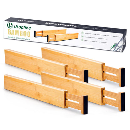 Utoplike 4 pcs Bamboo Kitchen Drawer Dividers Large, Adjustable Drawer Organizers, Spring Loaded, Expandable Organization Works in Kitchen, Dresser, Bathroom, Bedroom, Drawer, Desk