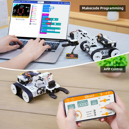 Qtruck 4-in-1 Smart Robot Car for Micro:bit V2 Programming STEM Project Educational Robot Kit Tracked Tank Car for Robotic Beginner Learn Micro:bit Graphical Makecode Coding Car (with Micro:bit V2)