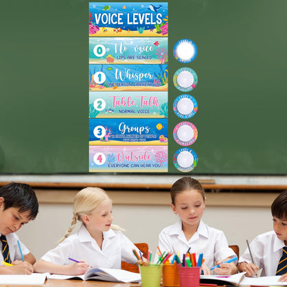 5 Pcs School Push Light and Voice Level Poster Voice Level Chart Monitor Rules Sign Under The Sea LED Tap Light Classroom Rules Poster Classroom Management Tools for Teachers（Ocean Animals Style）