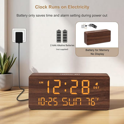 DreamSky Wooden Digital Alarm Clocks for Bedrooms with Date & Day of Week | Living Room Desk Clock, Temperature, USB Port, Dimmer Wheel, Adjustable Volume, Auto DST, Office Wood Decor (Plug-in)
