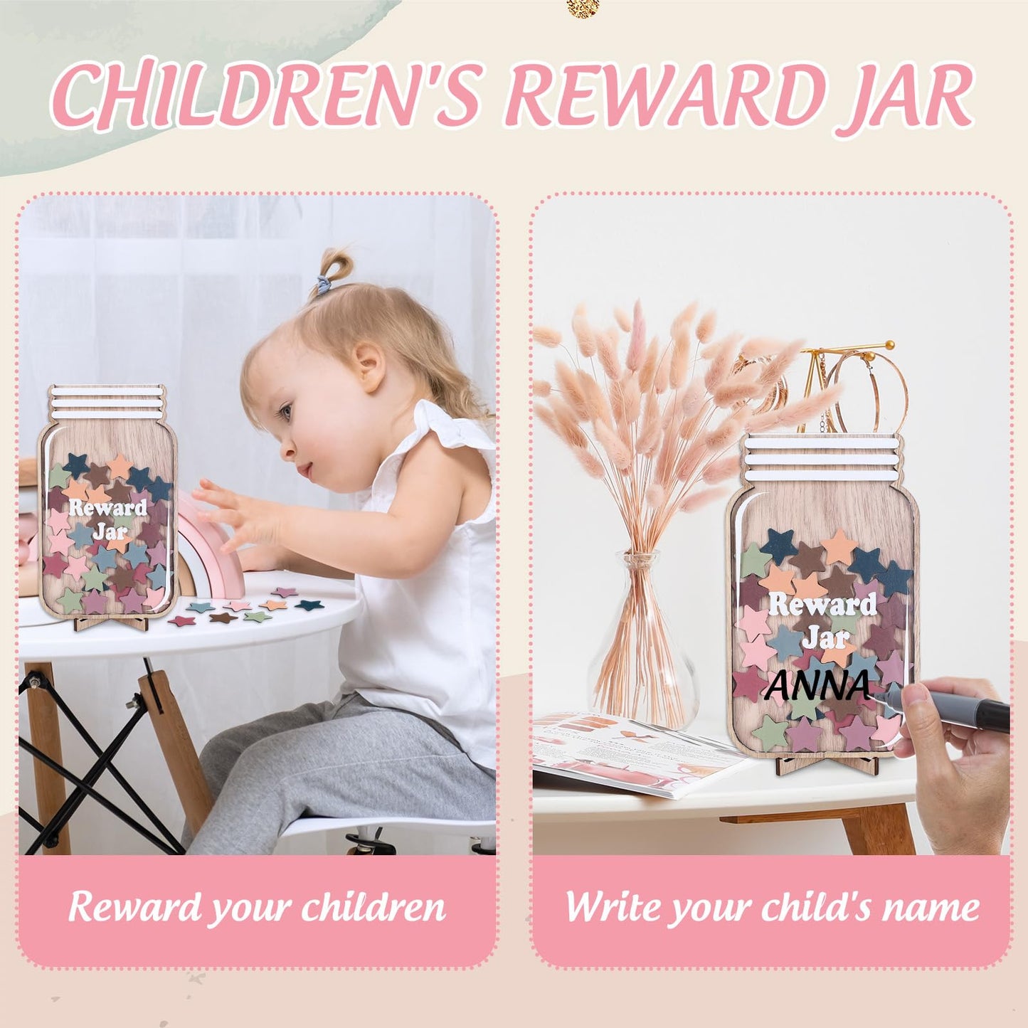 JarThenaAMCS Wooden Reward Jar for Kids Boho Stars Cutouts Positive Incentive Behavior Chart with Base Management Tools Decoration Reward System for Student Teacher School Classroom Supplies, 38Pcs