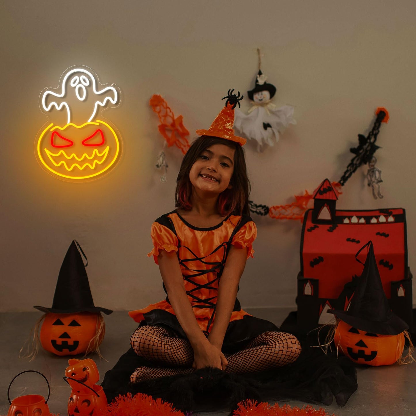 Halloween Ghost Pumpkin Neon Sign,Ghost Face Neon Light Spooky Pumpkin Neon Light Up Signs Dimmable LED Halloween Skull LED Sign for Bedroom Game Room Mancave Bar Halloween Party