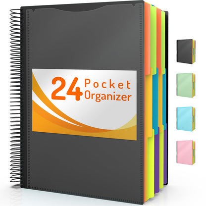 Forvencer 24 Pocket Project Organizer, 1/3-cut Tab Binder Organizer with Sticky Labels, Multi Pocket Folder with Zipper Pouch, Folder Binder Spiral Pocket Notebook, Office Supplies