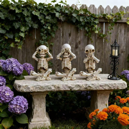 EMINGSKY 3 Pcs Halloween Skull Figurine Hear See Speak No Evil Baby Skeleton Figurine 4.8 Inch Resin Home Decor for Cemetery Desk Bookshelf Office