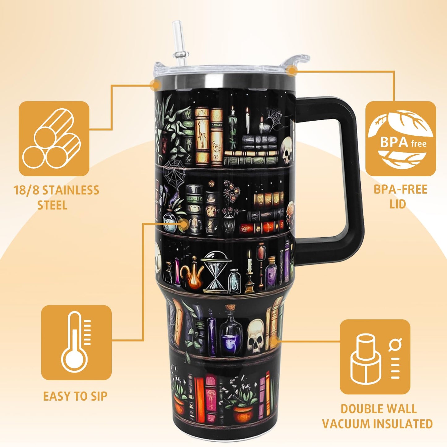 Nqhsionv Book Lovers Gifts 40oz Halloween Book Lover Tumbler Goth Skull Bookshelf Coffee Travel Mugs Christmas Insulated Cup Gifts for Women Readers,Reading,Bookish,Librarian