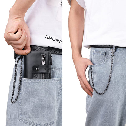 Mens Wallet with Chain Genuine Leather Purse RFID Blocking Bifold Double Zipper Coin Pocket with Anti-Theft Chain