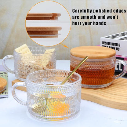 4pcs Overnight Oats Containers with Lids,Vintage Coffee Mugs gifts for women,Glass Cups with Spoons and Bamboo Lids,Great for Coffee, Overnight Oats,Juice. Excellent Choice for Gift Giving,Party