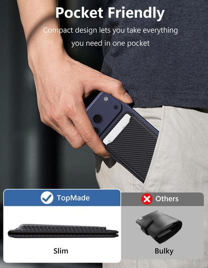 TopMade for MagSafe Wallet with Adjustable Stand, Magnetic Phone Card Holder for iPhone 17/16/15/14/13/12 Series, RFID Blocking Premium Leather, ID Window, Holds 5 Cards, Black Carbon Fiber