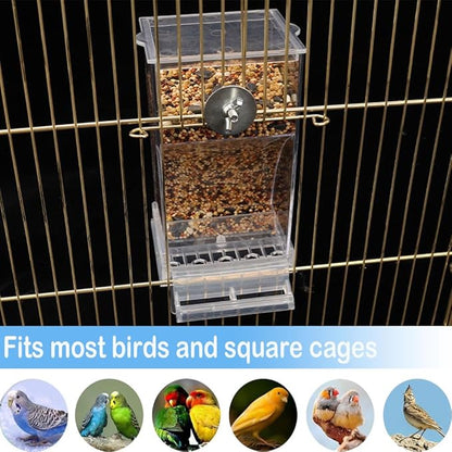 Bird Parrot Feeders, No Mess Automatic Cage Feeder Dispenser Food Container, Auto Bird Seed Bowl for Small Medium Birds, Cockatiel Canary Cockatoos Parakeet Conure Lovebird, Acrylic Clear (Feeder)