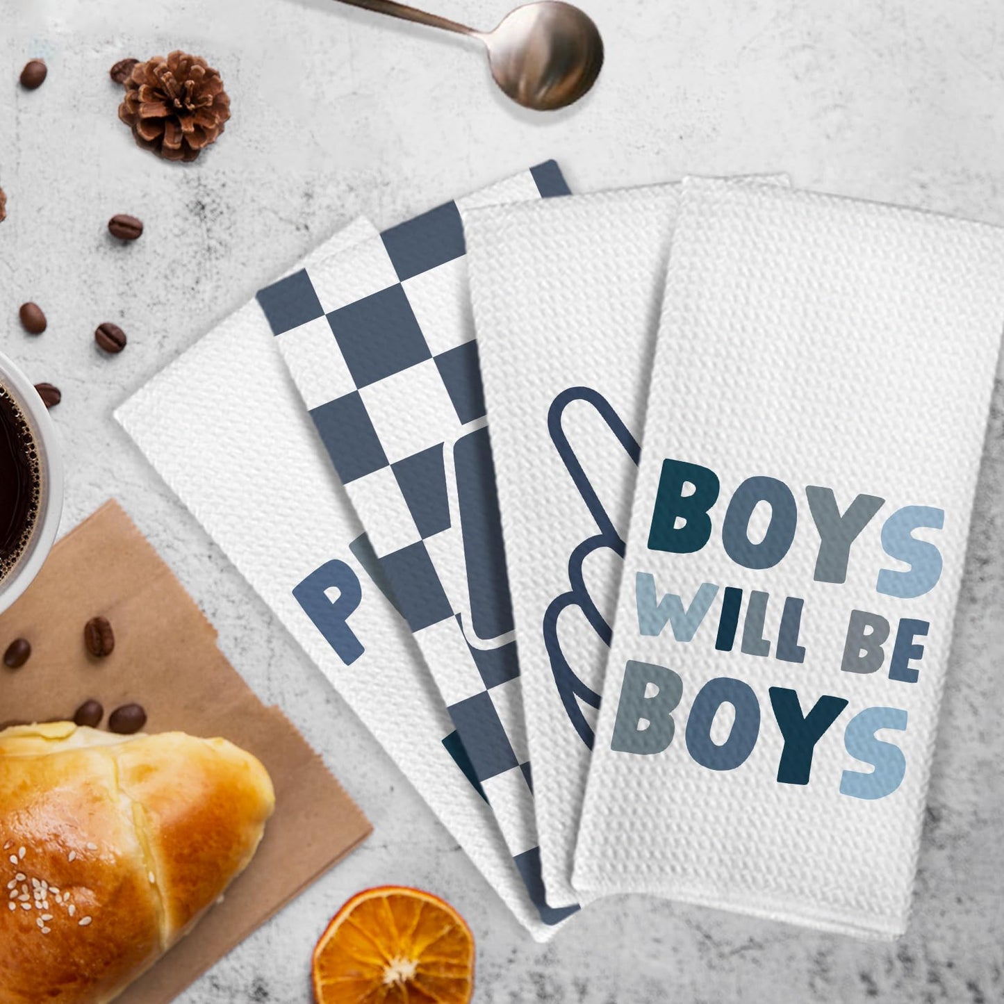 KFXHANGD Blue Boys Kids Hand Tea Towel Set of 4 for Bathroom, Blue Checkered Dish Towels, Motivational Affirmation Decorative Dish Tea Towel for Kitchen, Boys Bathroom Decor, 16x24 Inches