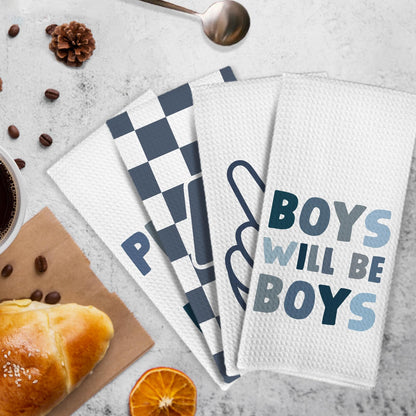 KFXHANGD Blue Boys Kids Hand Tea Towel Set of 4 for Bathroom, Blue Checkered Dish Towels, Motivational Affirmation Decorative Dish Tea Towel for Kitchen, Boys Bathroom Decor, 16x24 Inches