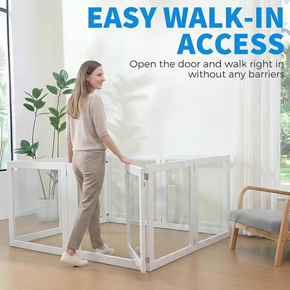 Heavy Duty Clear Acrylic Dog Playpen for Small/Medium Pets – 32" High Clear Pet Pen with Sturdy Metal Frame, Walk-in Kennel, Expandable Indoor & Outdoor Pet Play Yard (White, 8 Panels Including Door)