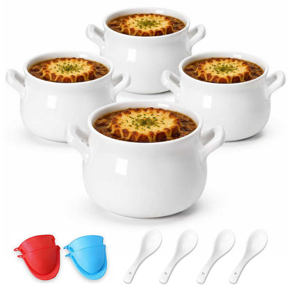 20oz French Onion Soup Bowls with handles Set of 4, 2 Mitts & 4 Spoons Included, Ceramic Oven Safe,Perfect for Soups, Chicken, Vegetable, Beef, Oatmeal, Chili, Corn, Clam, Pumpkin & More (White)