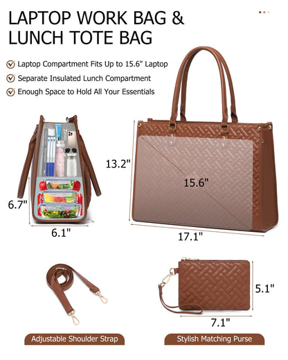 BAVERGE Lunch Tote Bag for Women, Vegan Leather 15.6” Laptop Bag with Insulated Compartment Quilted Purse for Work Teacher Nurse