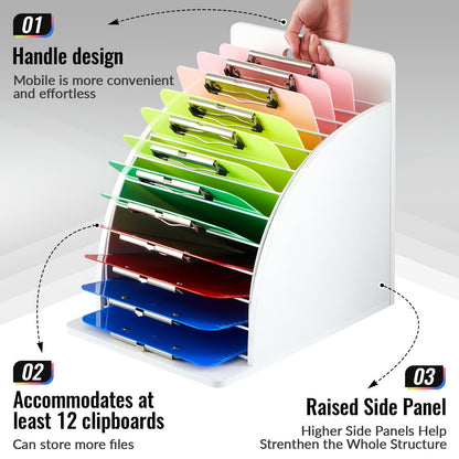Wonderjune 1 Pcs Clipboard Holder Wooden Metal Clipboards Storage Rack with Raised Side Panel Clipboard Organization and Storage for Classroom Office School Teacher, White, Clip Boards Not Included