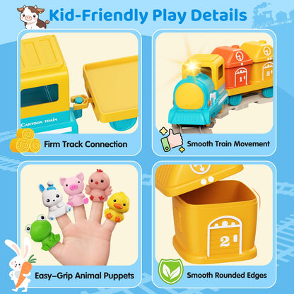 Cmiolacuna Train Set for Toddlers 2-4, Electric Toddler Train Set with Farm Animals, Music & Lights, Montessori Counting & Sorting Learning Toy, Birthday Easter for Boys Girls (Blue/Yellow)