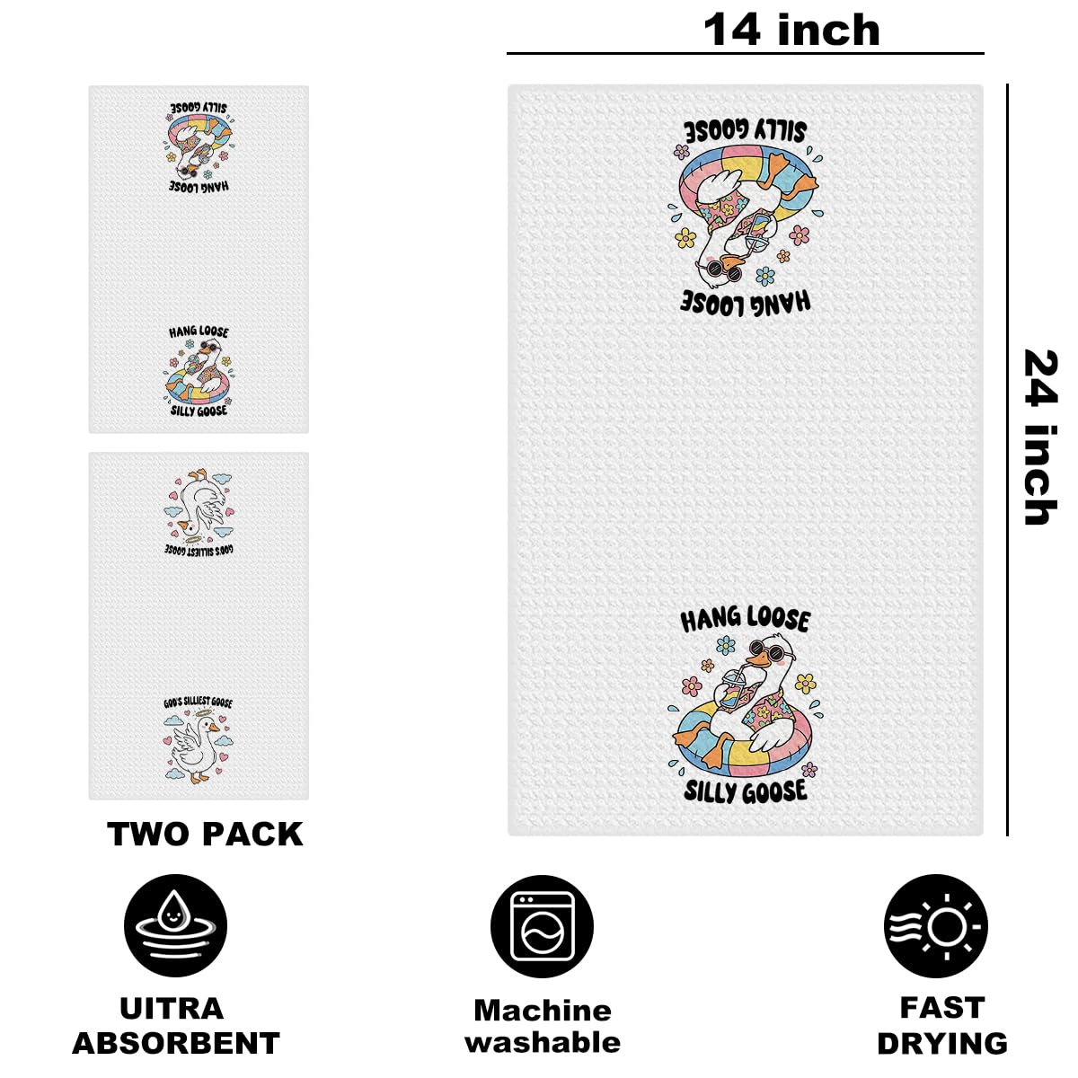 Jztco 2 Pcs Funny Silly Goose Kitchen Towels 24x14 Inch, Silly Gooses Gifts Absorbent Hand Tea Towel, Waffle Dish Towels for Kitchen Bathroom Home Decor, Goose Lover Gifts for Women Mom