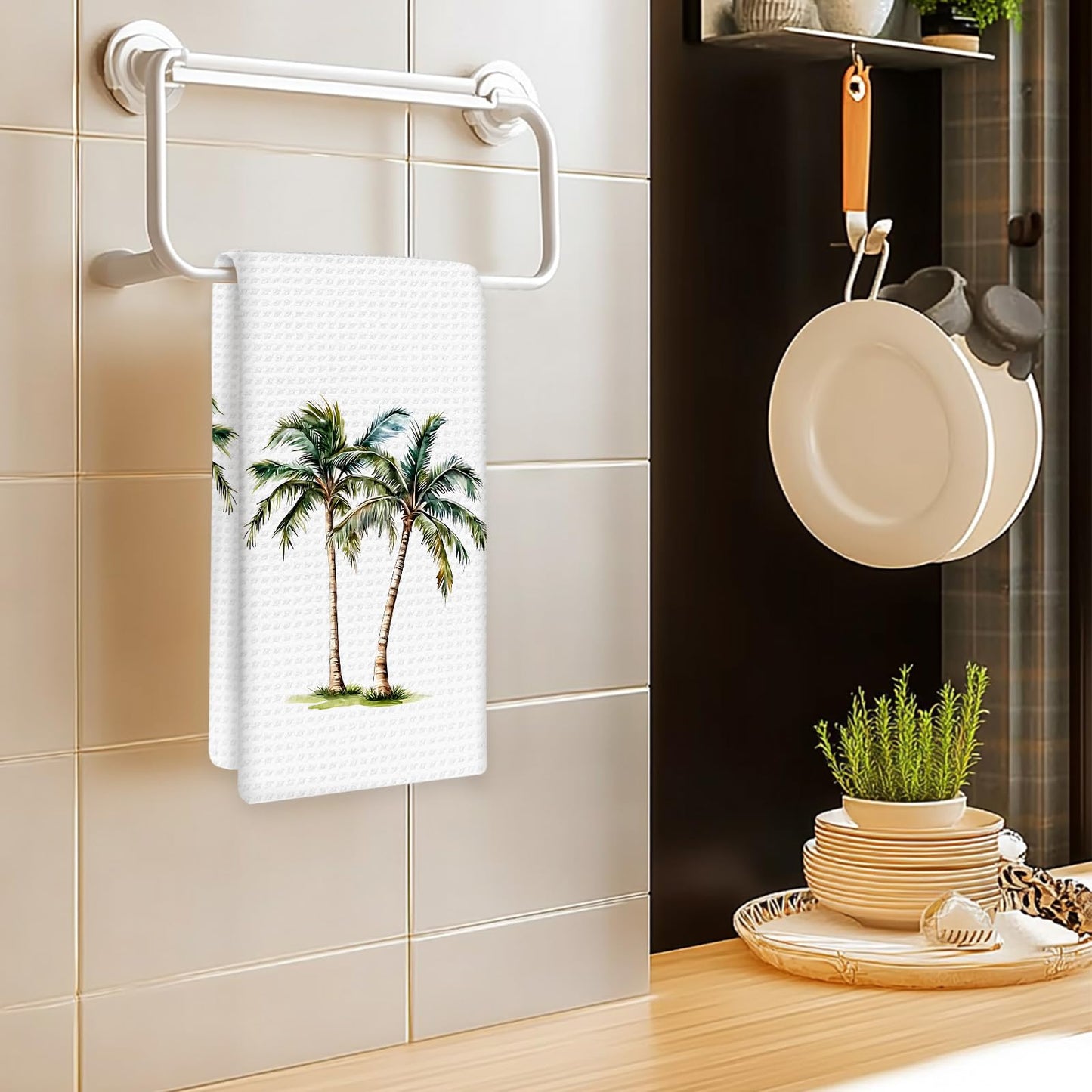 OINDADE Coastal Palm Tree Kitchen Hand Towels Set of 2, Summer Coconut Tree Decor for Kitchen Bathroom, Summer Botanical Beach Tropical Plant Hand Towels for Bathroom Toilet Washroom, 16x24In