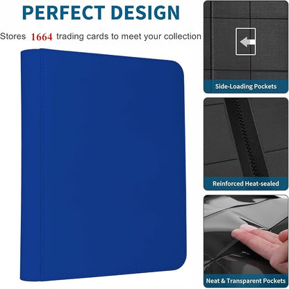 Trading Card Binder 16 Pocket, 1664 Pockets Ringless PU Cover Card Collection Binder, Double Sided Card Binder Collector Album, Card Folder for MTG, TCG, Sports Cards, Game Card (Blue, 16Pockets)