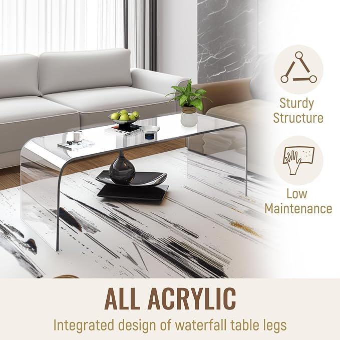 HOMCOM 0.6" Thick Acrylic Coffee Table, 39.25" Long Rectangle Waterfall Coffee Table, Clear