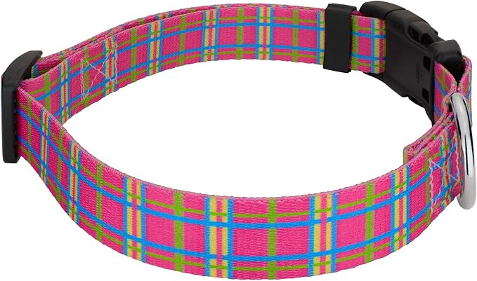 Country Brook Petz - Bubblegum Pink Plaid Everyday Collar and Leash - Plaid and Argyle Collection Featuring Charming Designs (1 Inch, Large)