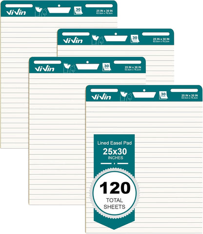 ViVin Lined Sticky Easel Pad, 25 x 30 Inches Flip Chart Paper for Teachers and Students, Large Self Stick Easel Paper, Teacher Anchor Chart, 30 Sheets/Pad, 4 Pads/Pack