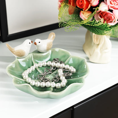 Fordonral Ceramic Jewelry Tray Trinket Dish Decorative Cute Bird & Lotus Leaf Ring Holder Dish Aesthetic Room Vanity Decor (Green)