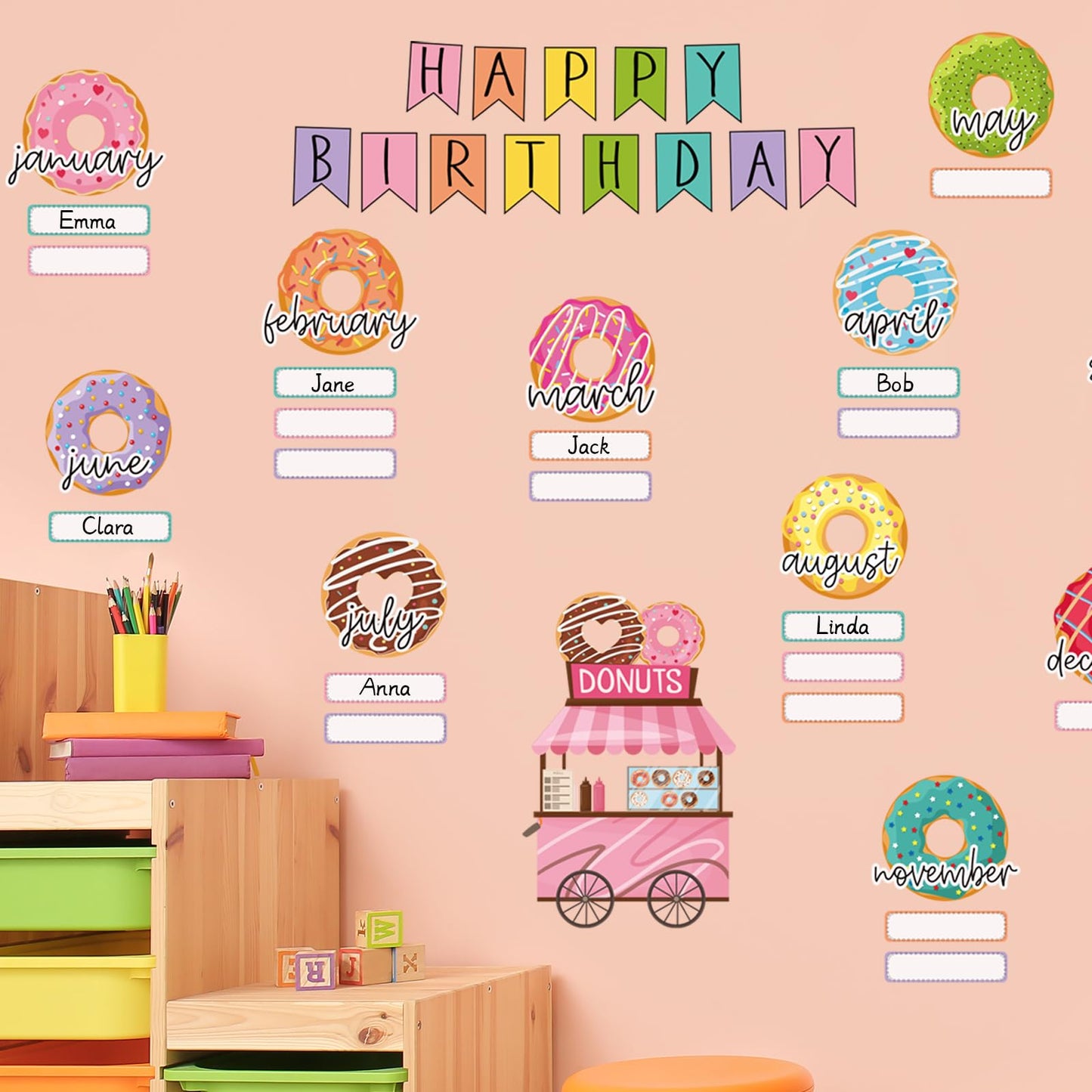 JarThenaAMCS 62 Pcs Donut Cut-Outs with Glue Points Happy Birthday Cutouts Sweet Donut Time Paper Cutting for Party Supplies Classroom Back to School Bedroom Bulletin Board Decor