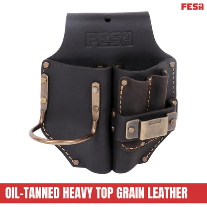 FESA Durable Leather Pliers Holster - Heavy Top Grain Leather Double Plier Holder for Belt with Steel Hammer Holder, Tape Clip & 2 Carpenter's Pencil Pockets - Clip On Any Belt - Handcrafted (Brown)