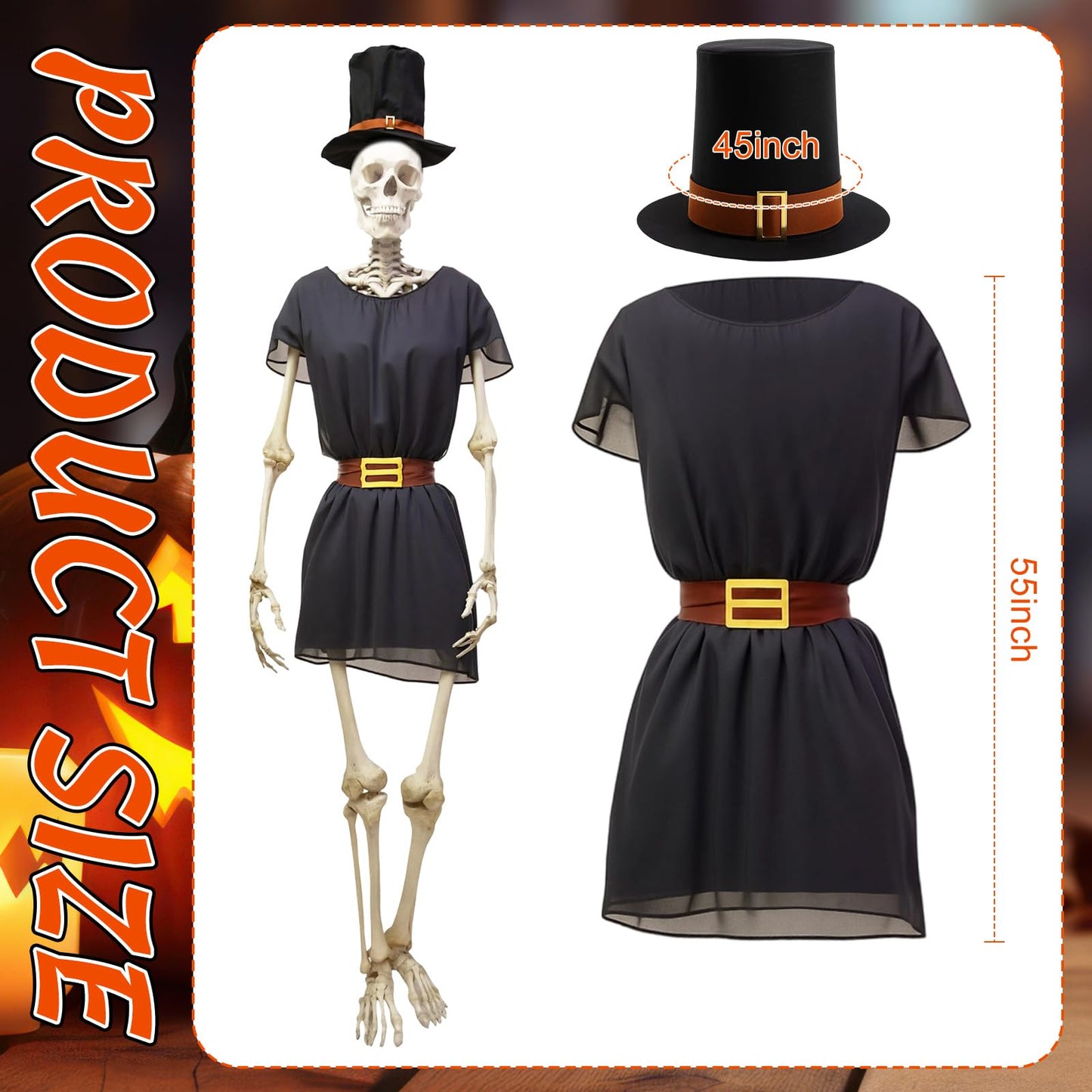 Tarpop 2Pcs Halloween 12 ft Skeleton Outfit Set Giant Skeleton Pilgrim Costume Includes Black Jazz Hat Pilgrim Jacket for Halloween Thanksgiving Outdoor Yard House Prop Decorations