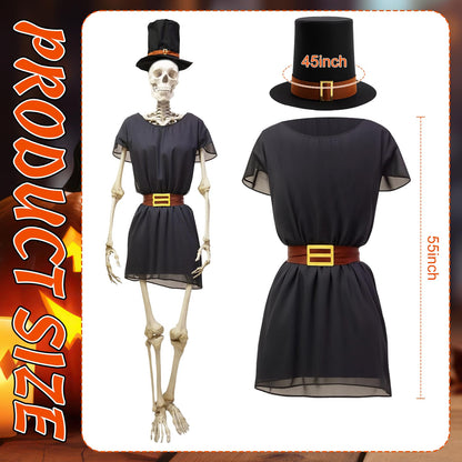 Tarpop 2Pcs Halloween 12 ft Skeleton Outfit Set Giant Skeleton Pilgrim Costume Includes Black Jazz Hat Pilgrim Jacket for Halloween Thanksgiving Outdoor Yard House Prop Decorations