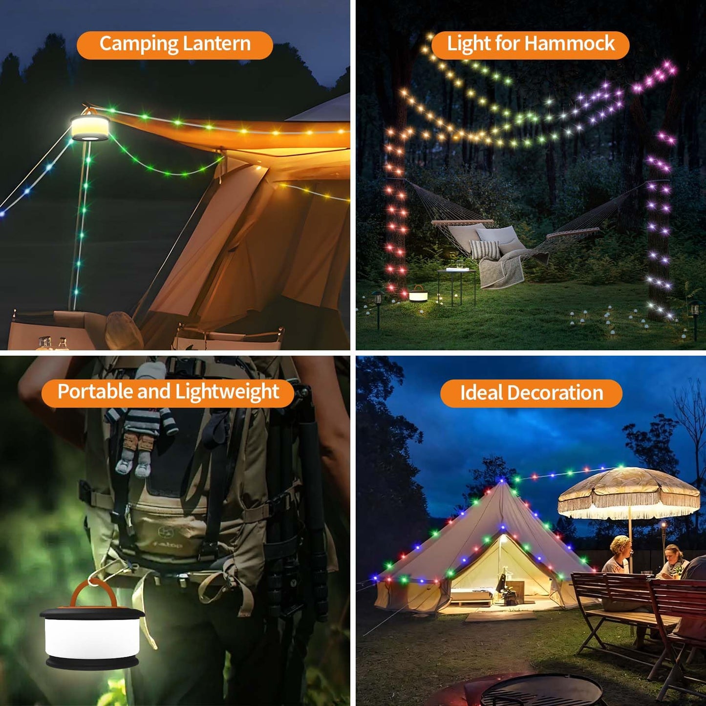 TOHETO Camping String Lights, 3 in 1 Upgraded Retractable RGB Outdoor String Lights with 19 Lighting Modes,Quick 30s Recovery, 32.8 FT Portable Tent Lights, Rechargeable Camping Lantern (Black&Orange)