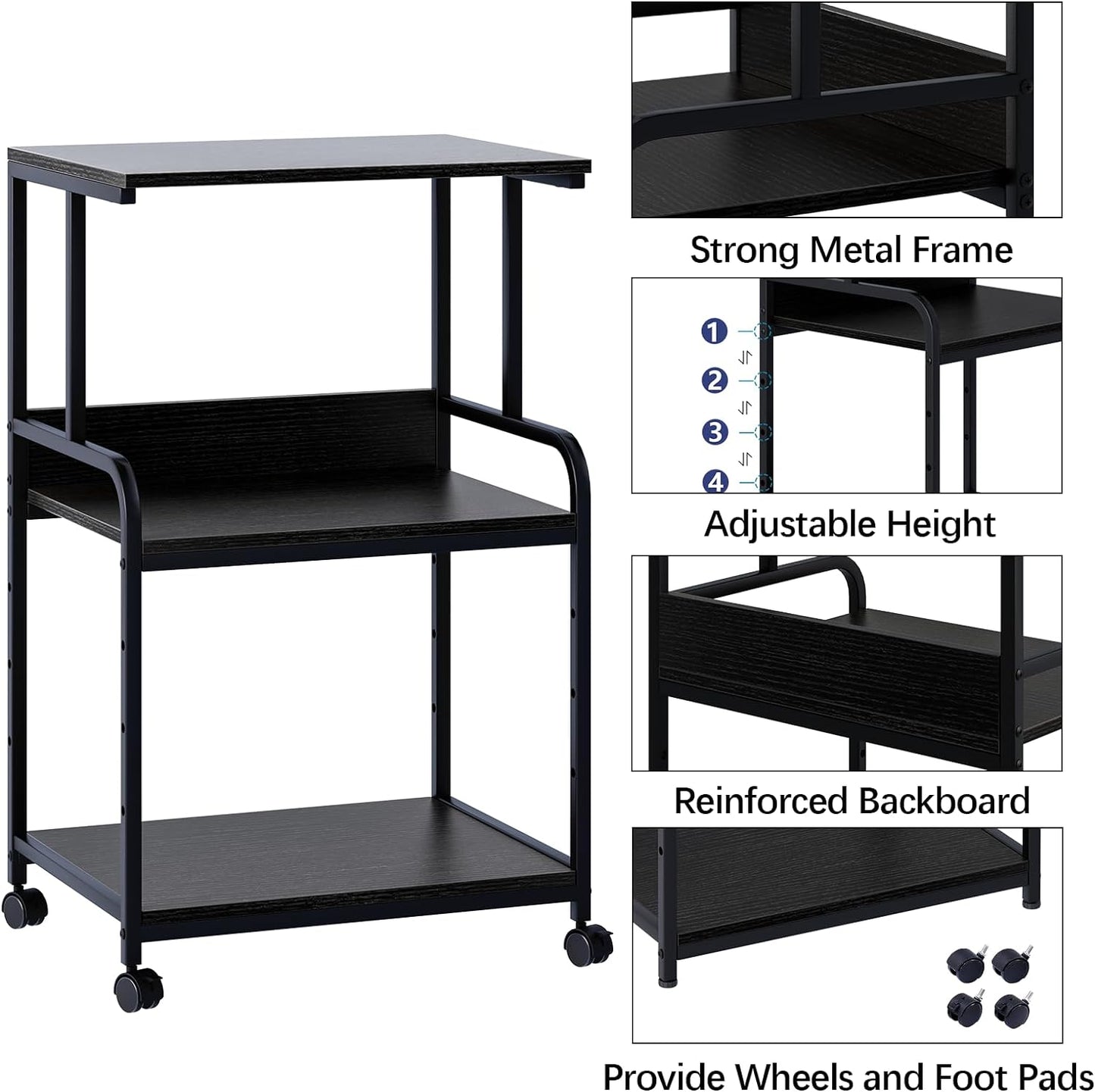 Printer Stand with Storage Shelf,3 Tier Printer Cart with Wheels,Mobile Printer Table for Home Office,Stands for Heat Press Scanner Fax,Industrial Style (Black)