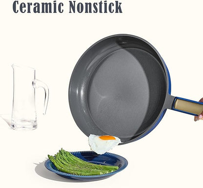 CAROTE Ceramic Cookwar Set, Pots and Pan Set Non Stick 18 Piece, Cookware Set Kitchen Cooking Set Non Toxic, PFAS PTFE Free, Blue