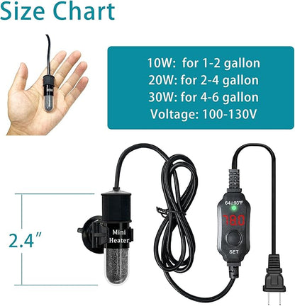 Mini Submersible Aquarium Heater, 25/30/50/100/150/200 Watts Adjustable Fish Tank Heater, Built-in Thermometer, External Temperature Controller, Smart Memory, Used for 1-60 Gallons (30W Plug)