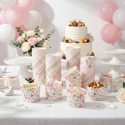 Qinyoung 150 Pcs Pink Floral Cupcake Wrappers Liners Rose Paper Baking Cups Greaseproof Disposable Scalloped Flower Cupcake Muffin Cases for Spring Summer Wedding Baby Shower Birthday Tea Party Decor