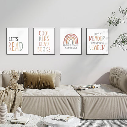 PLKMN Reading Nook Decor for Kids, Boho Rainbow Prints, Let's Read Posters, Classroom and Nook Wall Art, 8x10 Inch, Set of 4, Unframed