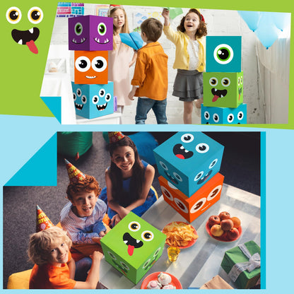 Foilswirl 6 Pcs Monster Birthday Party Decoration Cartoon Big Party Favor Boxes Blue Purple Theme Decor Monster Large Treat Candy Cookie Boxes 11.8'' x 11.8'' for Birthday Baby Shower Photo Booth Prop