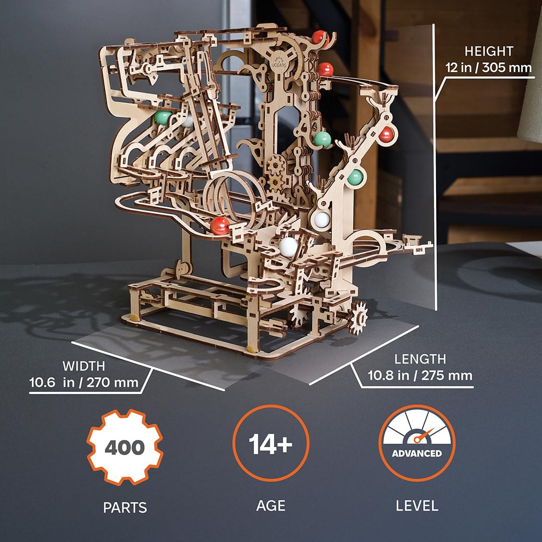 UGEARS Marble Run Chain Hoist 3D Wooden Puzzles for Adults - Wooden Model Kits for Adult Models for Adults to Build Mechanical Engineering Kit Brain Teaser, Hobby Set
