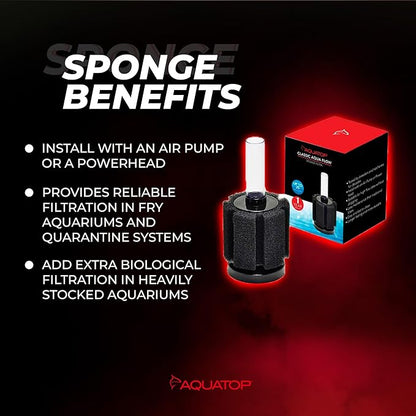 Aquatop Internal Sponge Filter for Aquariums – Suitable for Tanks Up to 25 Gallons, Freshwater and Saltwater Use, Compatible with Air Pumps or Powerheads