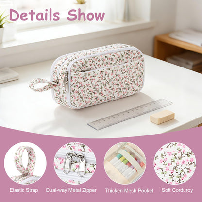 BuyCard Big Capacity Pencil Pouch, Pink Floral Corduroy 4-Compartment Pen Bag, Aesthetic Stationery Organizer for Teen Girls Women, Must-Have for Teacher, Makeup & Electrical Goods Storage Case