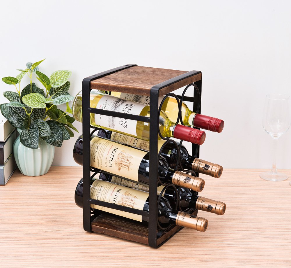 SODUKU Rustic Wood Countertop Wine Rack 6 Bottles No Need Assembly Brown