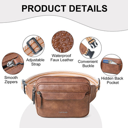 LATMAP 3L Fanny Packs for Women Cross Body Bag Vegan Leather Chest Belt Bag Fashion Waist Pack Small Bum Bag Crossbody for Travel Running Workout, Brown