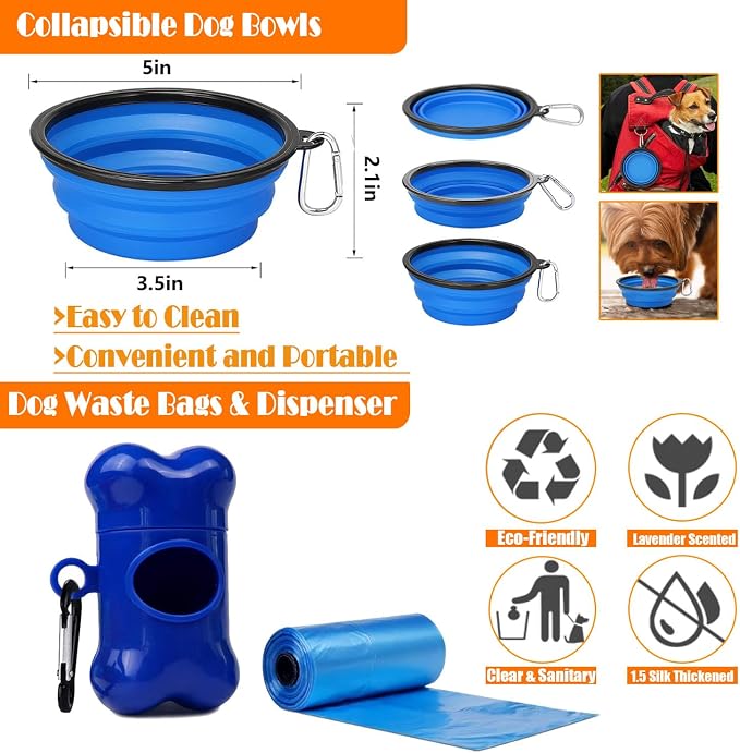 LOBEVE No Pull Dog Harness, Collar & Leash Set with Retractable Dog Seat Belt, Collapsible Dog Bowls and Poop Bag Dispenser - Ideal for Training, Walking, Hiking - Fits Small to Large Dogs(Blue-M)